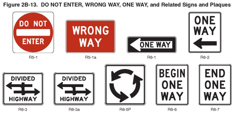 Figure 2B-13. DO NOT ENTER, WRONG WAY, ONE WAY, and Related Signs and Plaques