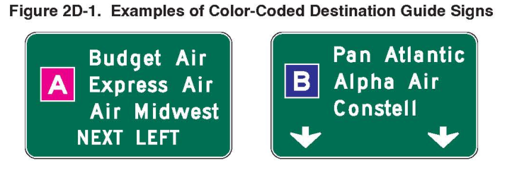 Figure 2D-1. Examples of Color-Coded Destination Guide Signs