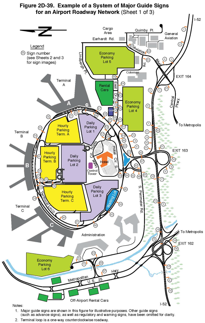 Figure 2D-39. Example of a System of Major Guide Signs for an Airport Roadway Network (Sheet 1)