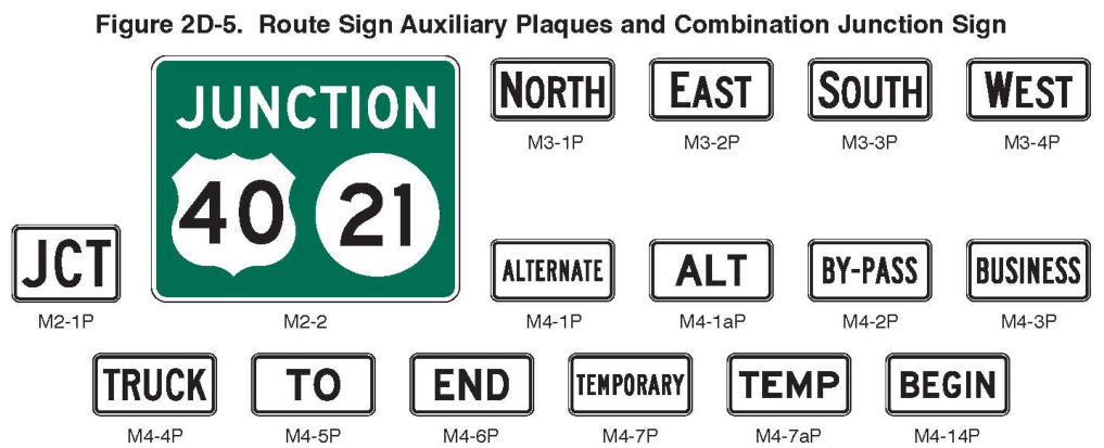 Figure 2D-5. Route Sign Auxiliary Plaques and Combination Junction Sign