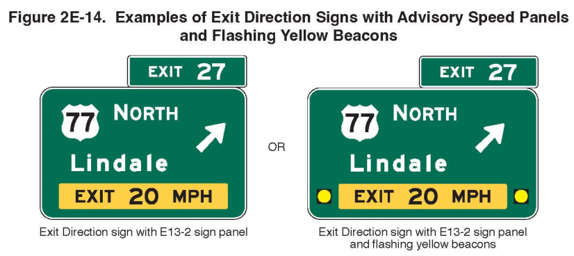 Figure 2E-14. Examples of Exit Direction Signs with Advisory Speed Panels and Flashing Yellow Beacons
