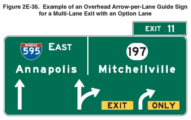 Figure 2E-35. Example of an Overhead Arrow-per-Lane Guide Sign for a Multi-Lane Exit with an Option Lane
