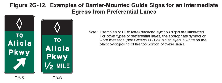 Figure 2G-12. Examples of Barrier-Mounted Guide Signs for an Intermediate Egress from Preferential Lanes