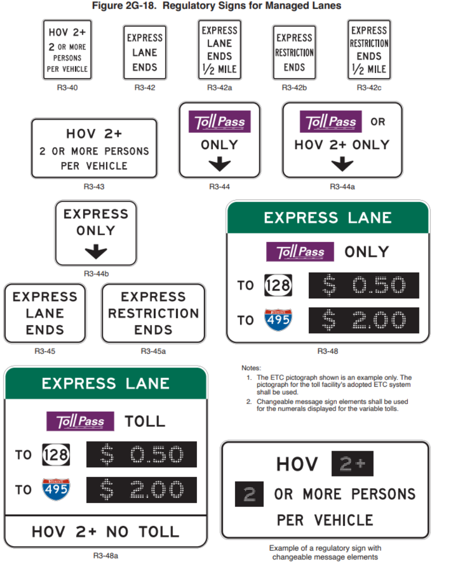 Figure 2G-18. Regulatory Signs for Managed Lanes