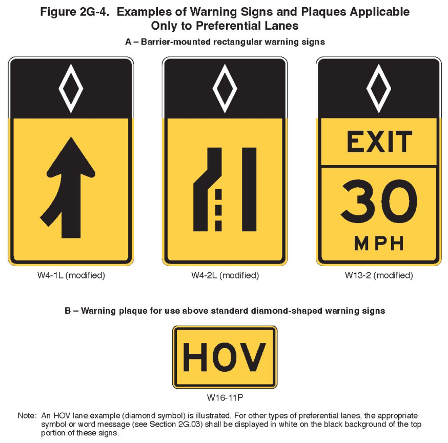 Figure 2G-4. Examples of Warning Signs and Plaques Applicable Only to Preferential Lanes