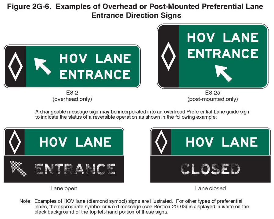 Figure 2G-6. Examples of Overhead or Post-Mounted Preferential Lane Entrance Direction Signs