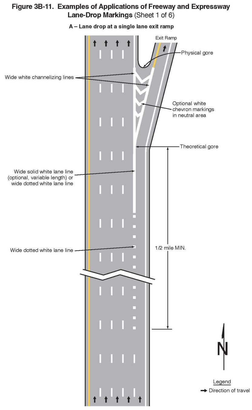 Figure 3B-11. Examples of Applications of Freeway and Expressway Lane-Drop Markings