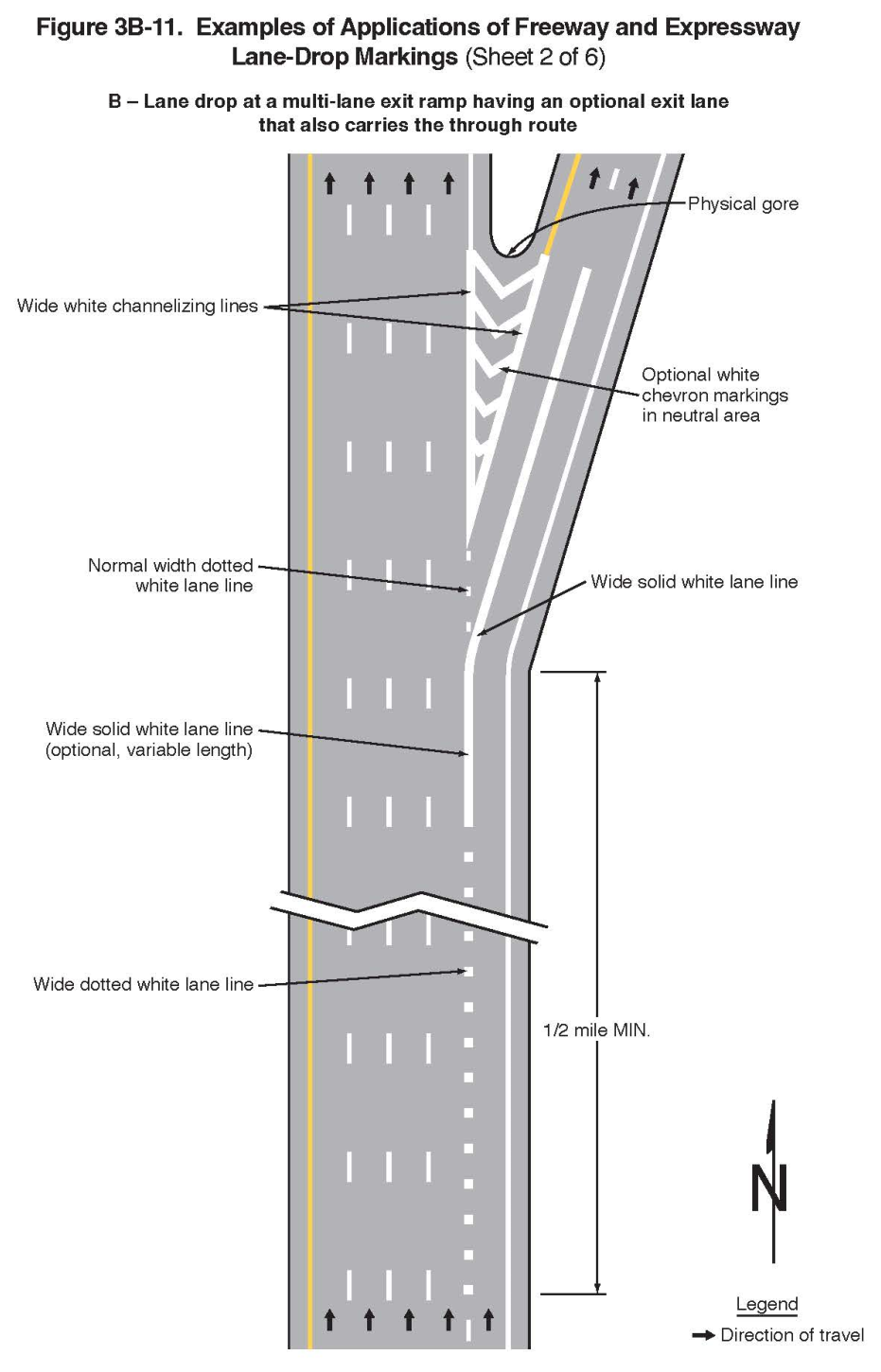 Figure 3B-11. Examples of Applications of Freeway and Expressway Lane-Drop Markings (Sheet 2 of 6)
