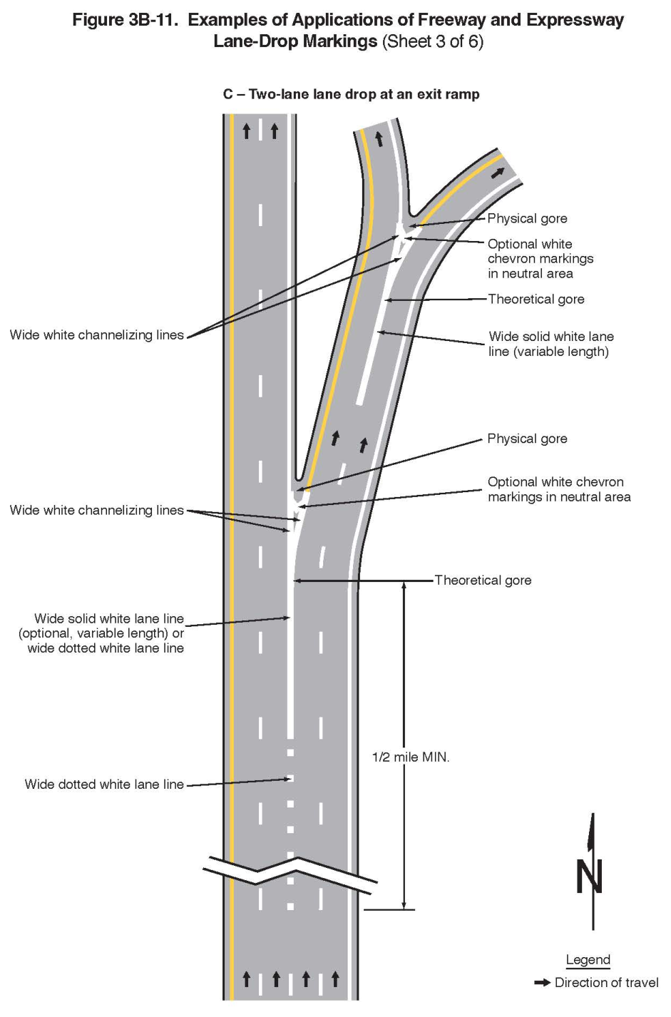 Figure 3B-11. Examples of Applications of Freeway and Expressway Lane-Drop Markings (Sheet 3 of 6)
