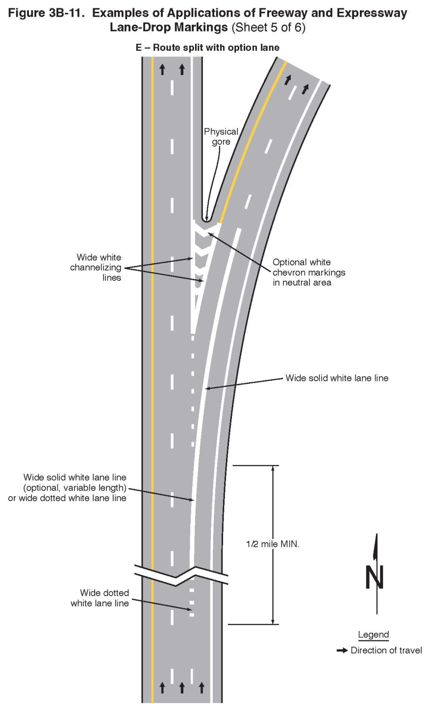 Figure 3B-11. Examples of Applications of Freeway and Expressway Lane-Drop Markings (Sheet 5 of 6)