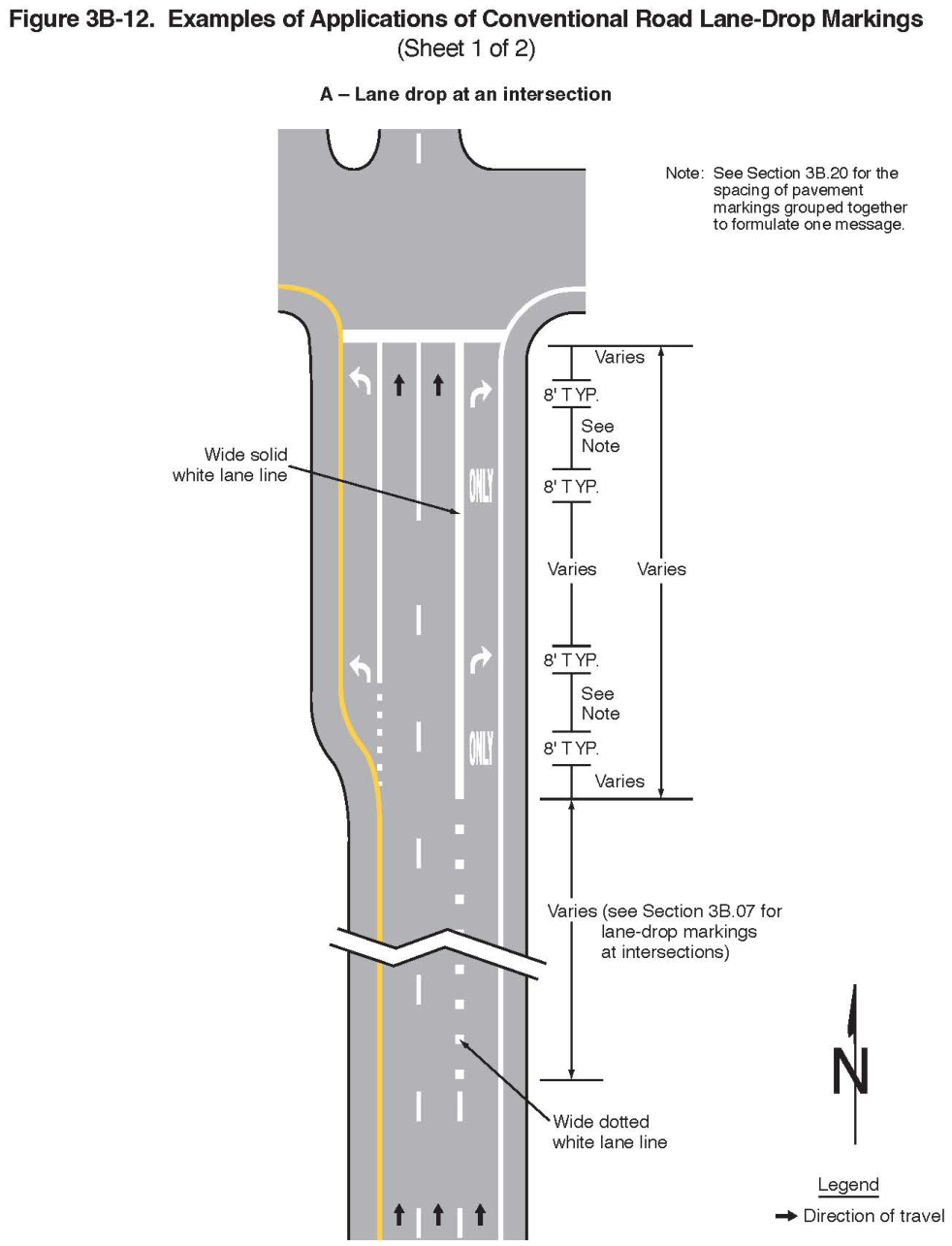 Figure 3B-12. Examples of Applications of Conventional Road Lane-Drop Markings (Sheet 1)
