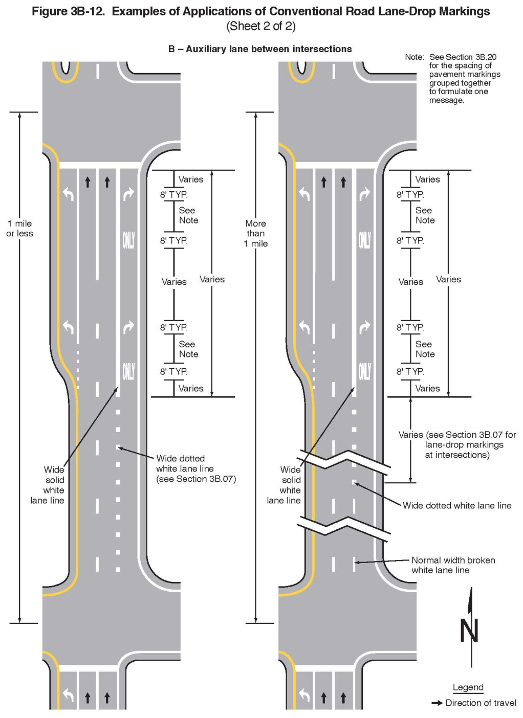Figure 3B-12. Examples of Applications of Conventional Road Lane-Drop Markings (Sheet 2)