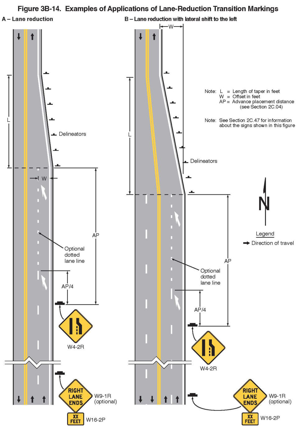 Figure 3B-14. Examples of Applications of Lane-Reduction Transition Markings
