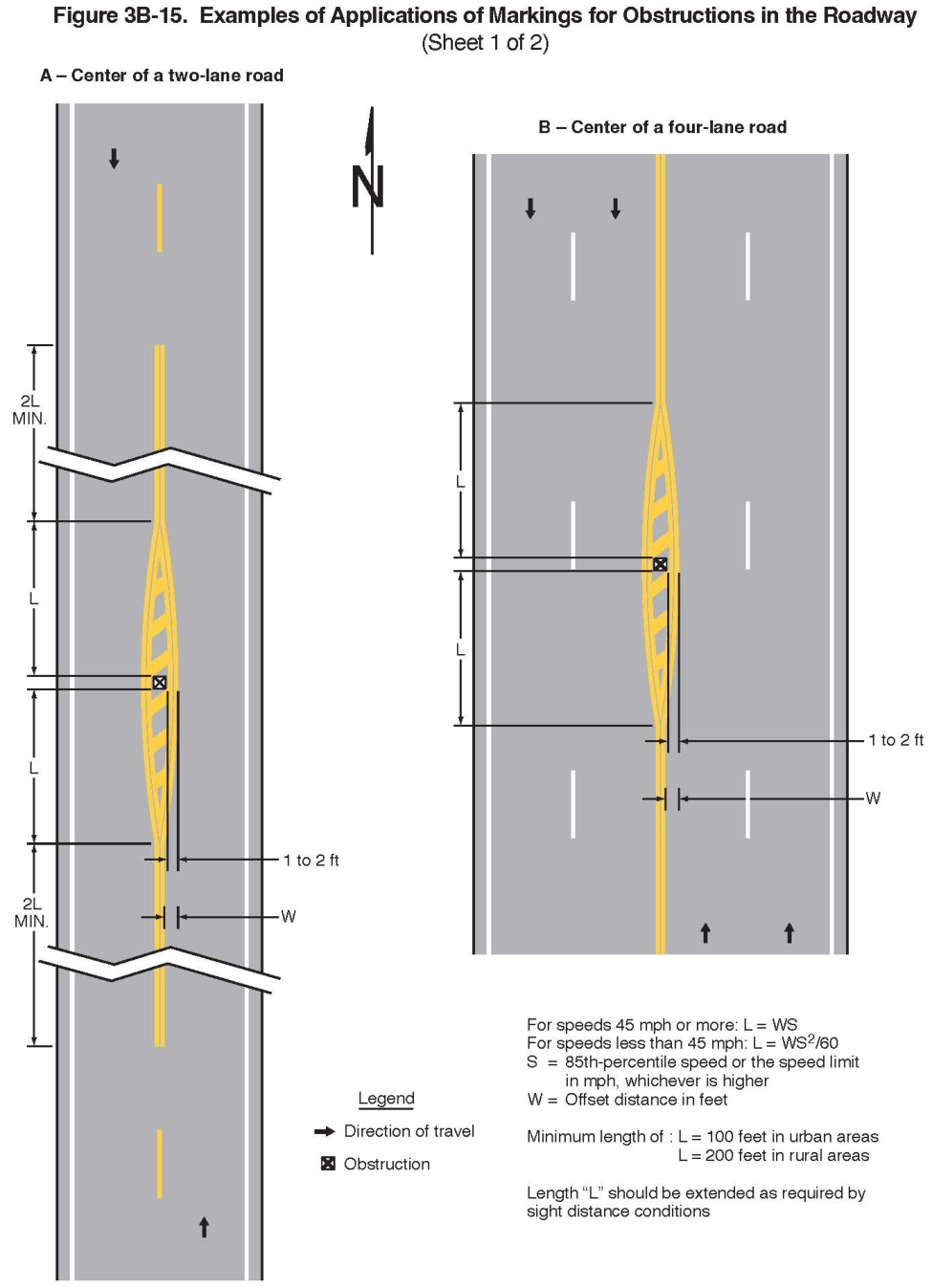 Figure 3B-15. Examples of Applications of Markings for Obstructions in the Roadway