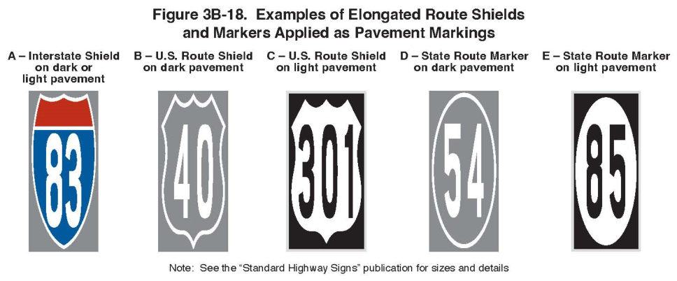 Figure 3B-18. Examples of Elongated Route Shields and Markers Applied as Pavement Markings