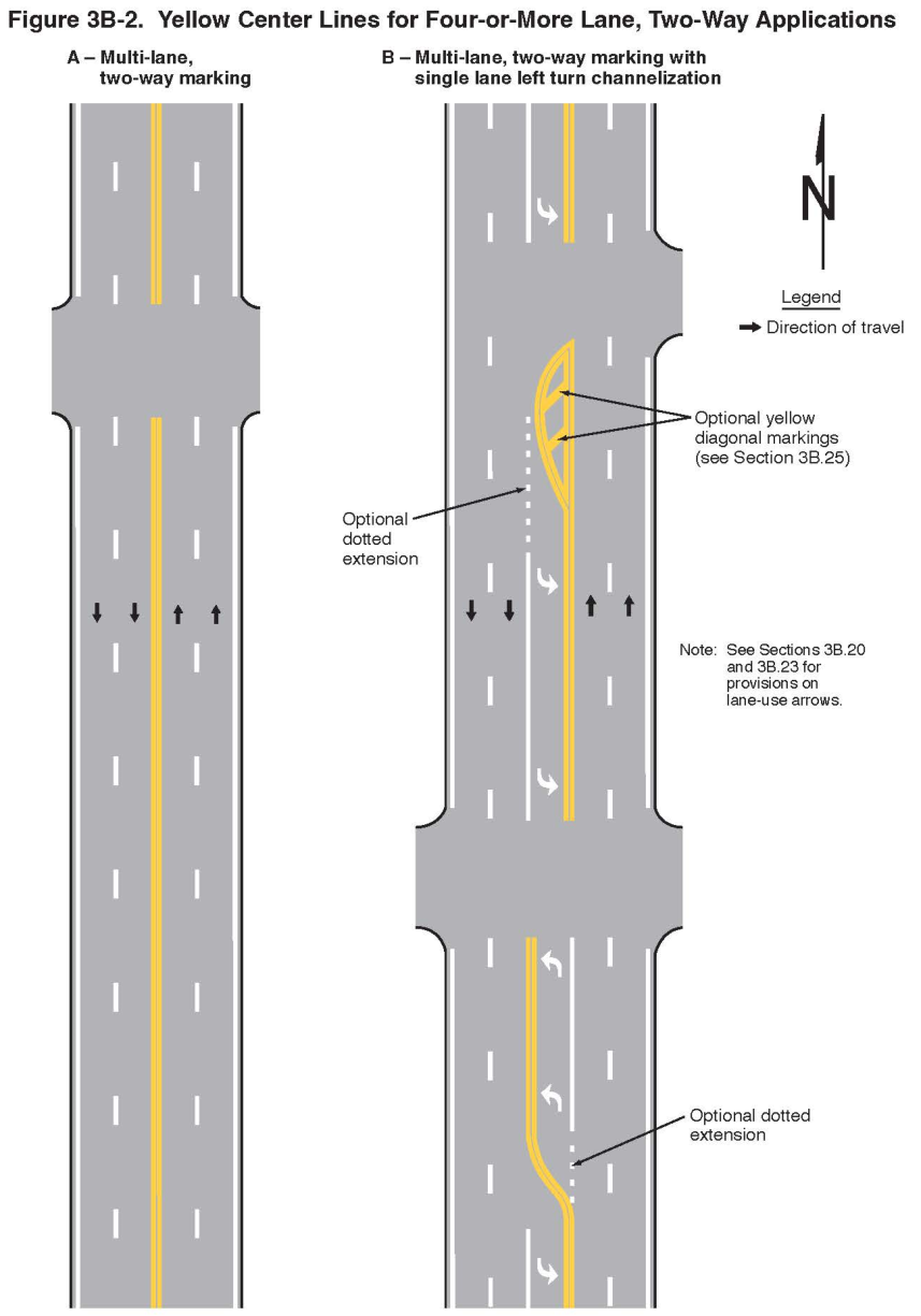 Figure 3B-2. Yellow Center Lines for Four-or-More Lane, Two-Way Applications