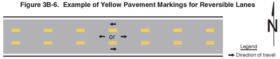 Figure 3B-6. Example of Yellow Pavement Markings for Reversible Lanes