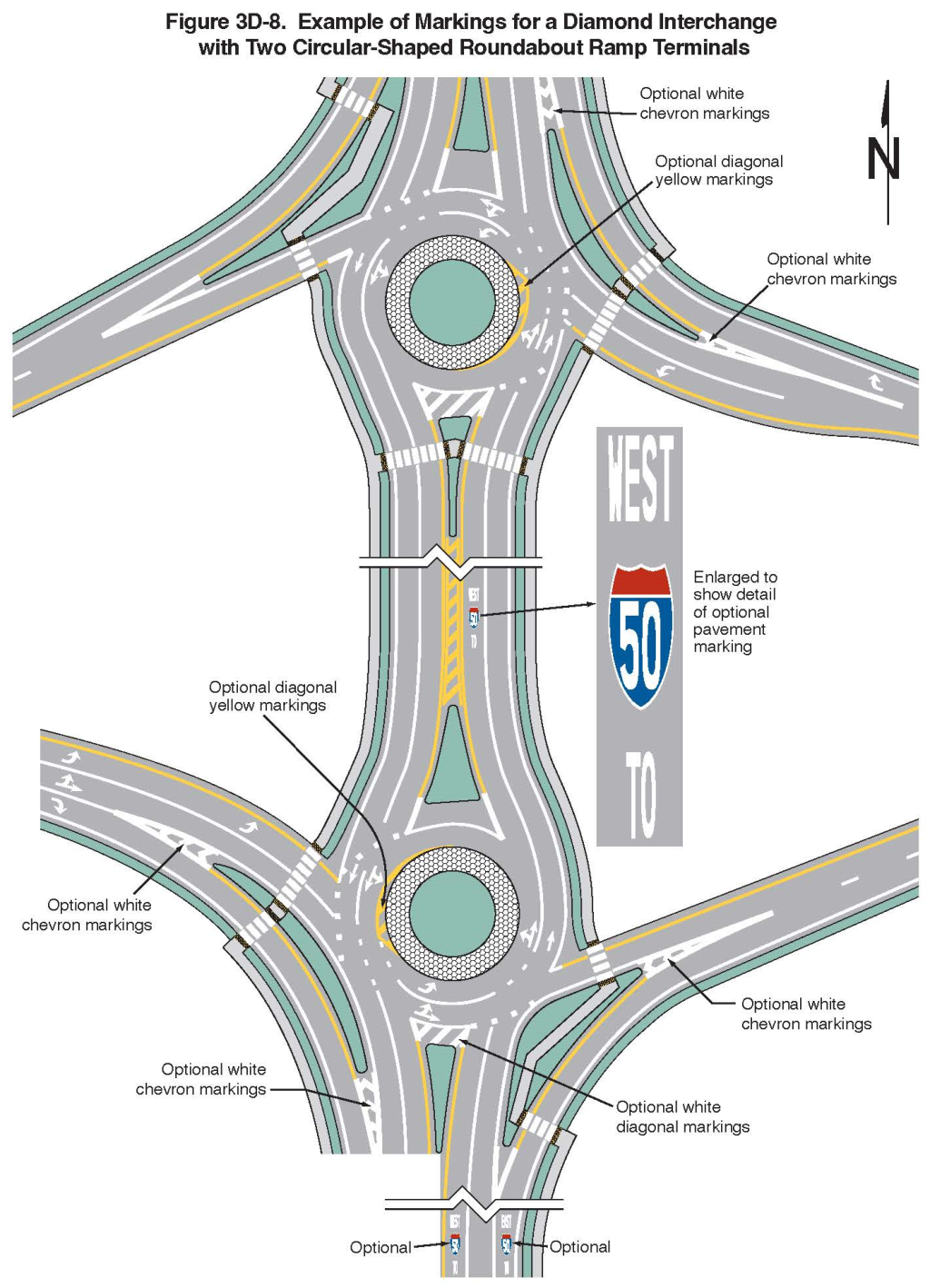 Figure 3D-8. Example of Markings for a Diamond Interchange with Two Circular-Shaped Roundabout Ramp Terminals