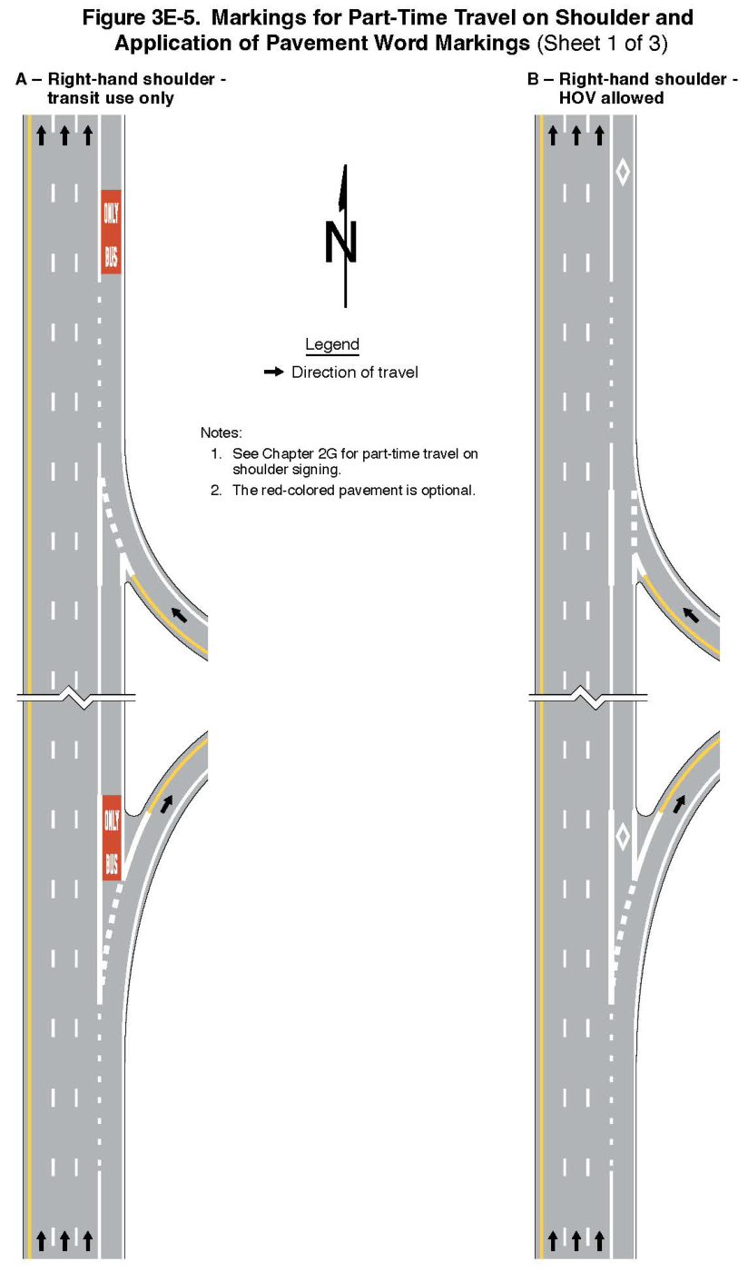 Figure 3E-5. Markings for Part-Time Travel on Shoulder and Application of Pavement Word Markings (Sheet 1)