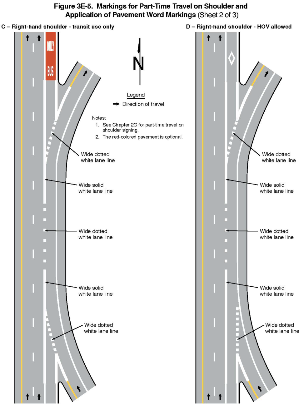 Figure 3E-5. Markings for Part-Time Travel on Shoulder and Application of Pavement Word Markings (Sheet 2)