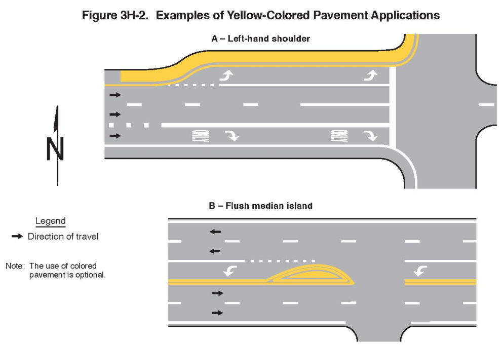 Figure 3H-2. Examples of Yellow-Colored Pavement Applications
