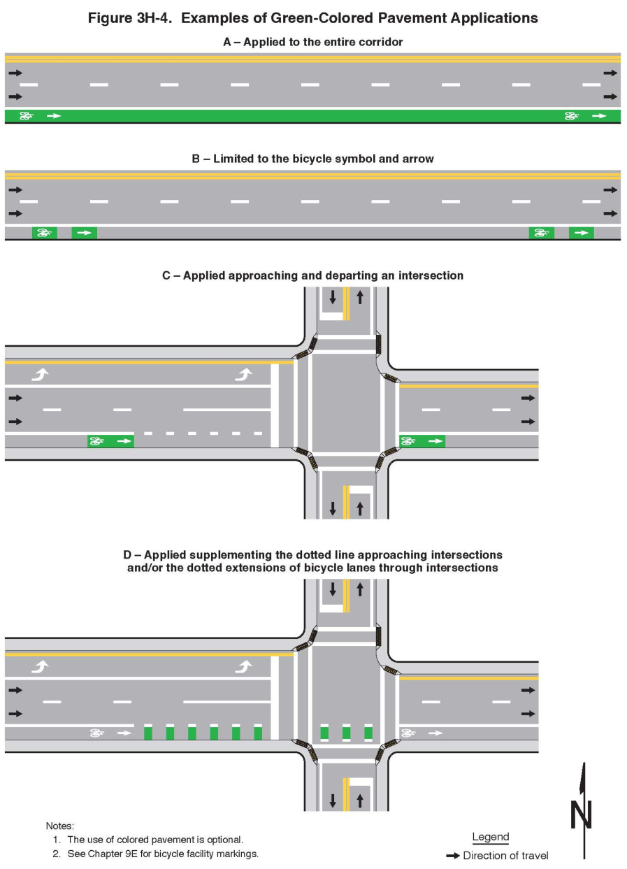 Figure 3H-4. Examples of Green-Colored Pavement Applications