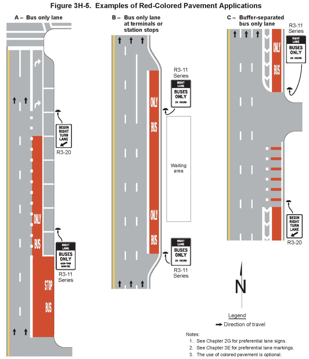 Figure 3H-5. Examples of Red-Colored Pavement Applications