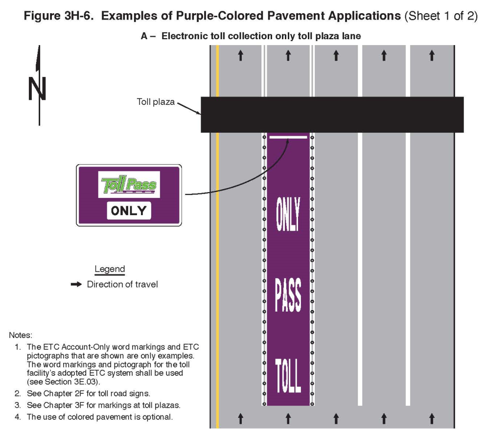 Figure 3H-6. Examples of Purple-Colored Pavement Applications (Sheet 1)