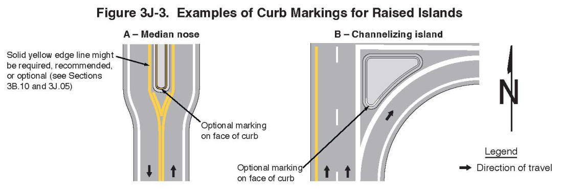 Figure 3J-3. Examples of Curb Markings for Raised Islands