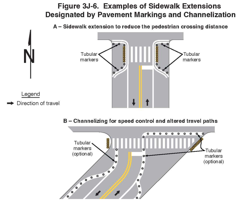 Figure 3J-6. Examples of Sidewalk Extensions Designated by Pavement Markings and Channelization