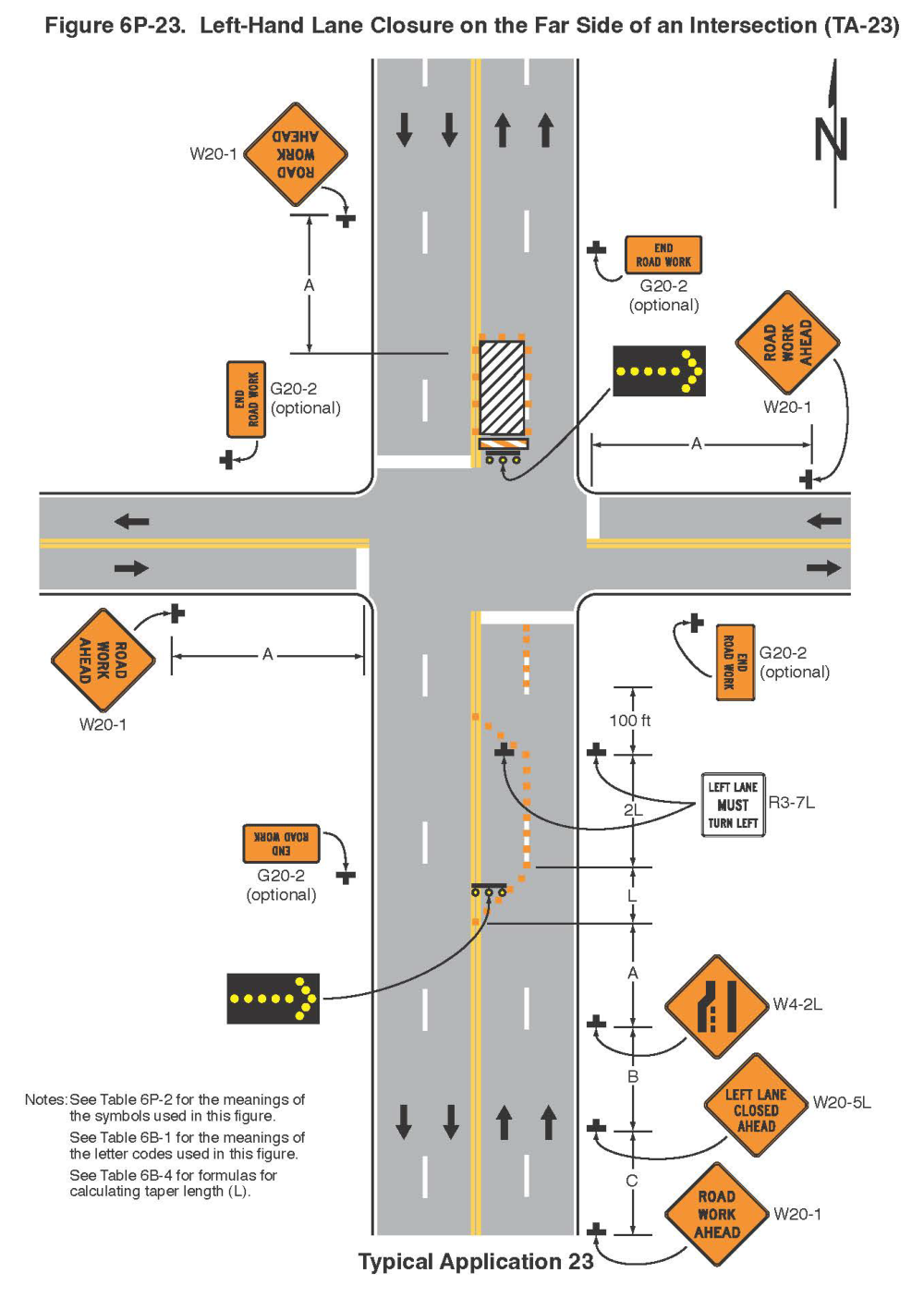 Figure 6P-23. Left-Hand Lane Closure on the Far Side of an Intersection (TA-23)