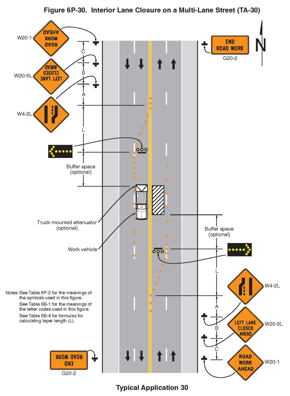 Figure 6P-30. Interior Lane Closure on a Multi-Lane Street (TA-30)