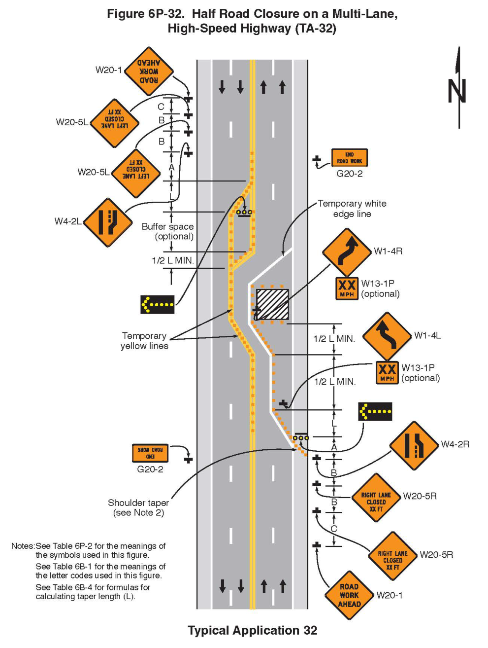 Figure 6P-32. Half Road Closure on a Multi-Lane, High-Speed Highway (TA-32)