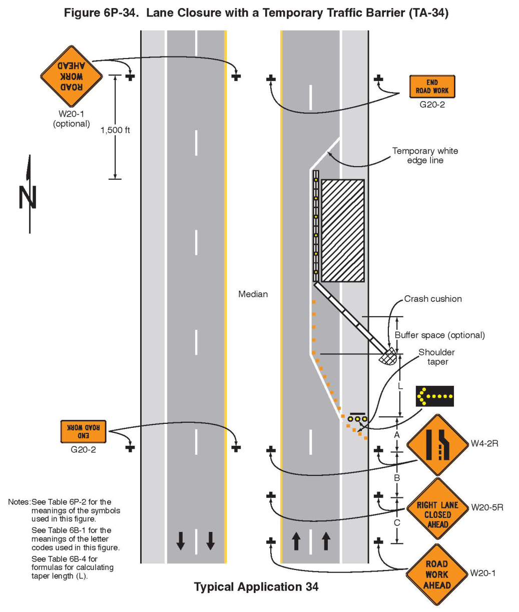 Figure 6P-34. Lane Closure with a Temporary Traffic Barrier (TA-34)