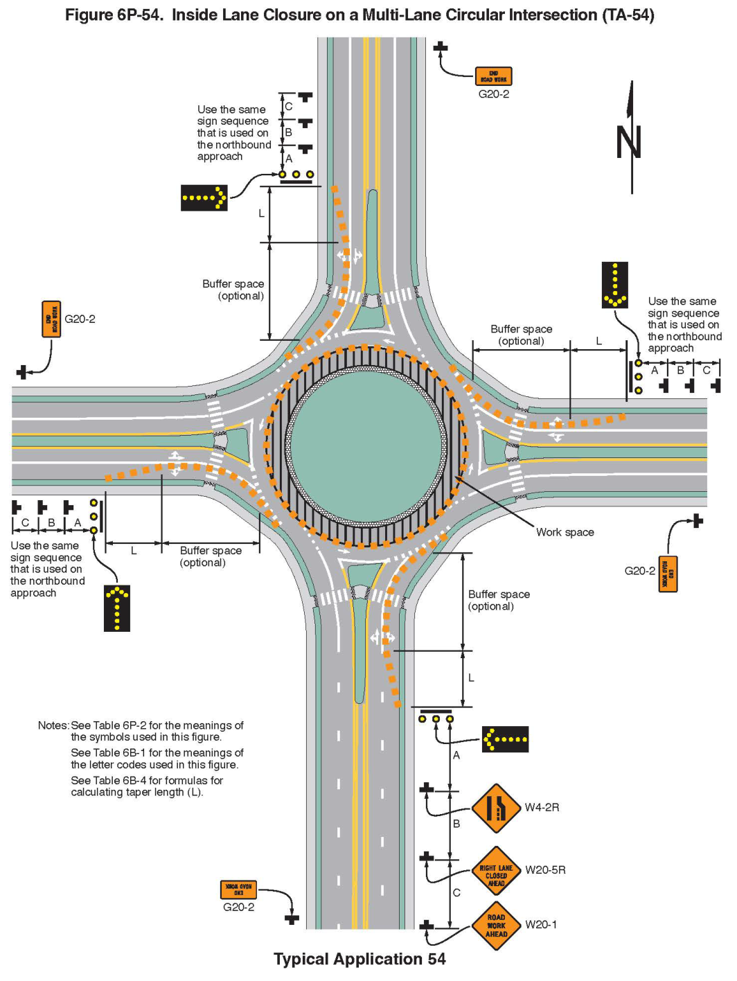 Figure 6P-54. Inside Lane Closure on a Multi-Lane Circular Intersection (TA-54)