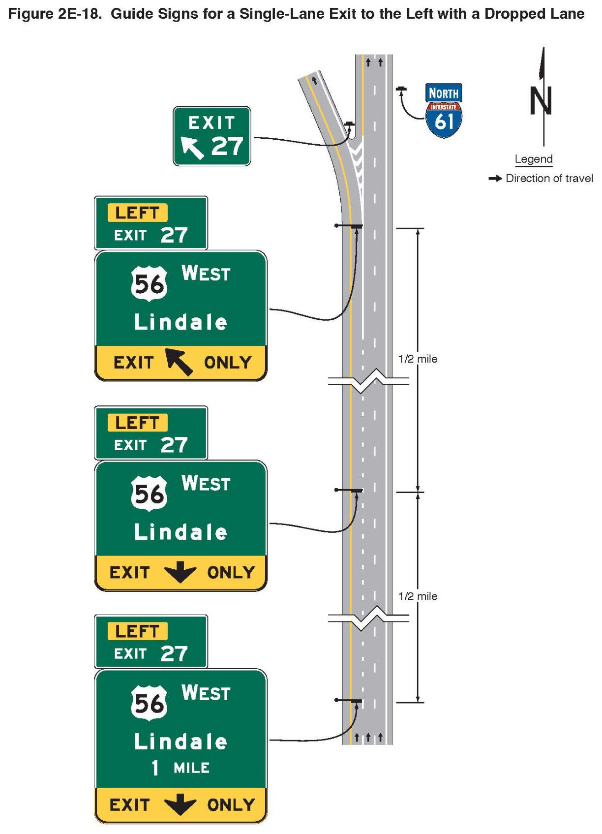 Figure 2E-18. Guide Signs for a Single-Lane Exit to the Left with a Dropped Lane