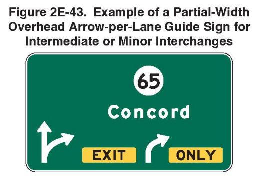 Figure 2E-43. Example of a Partial-Width Overhead Arrow-per-Lane Guide Sign for Intermediate or Minor Interchanges