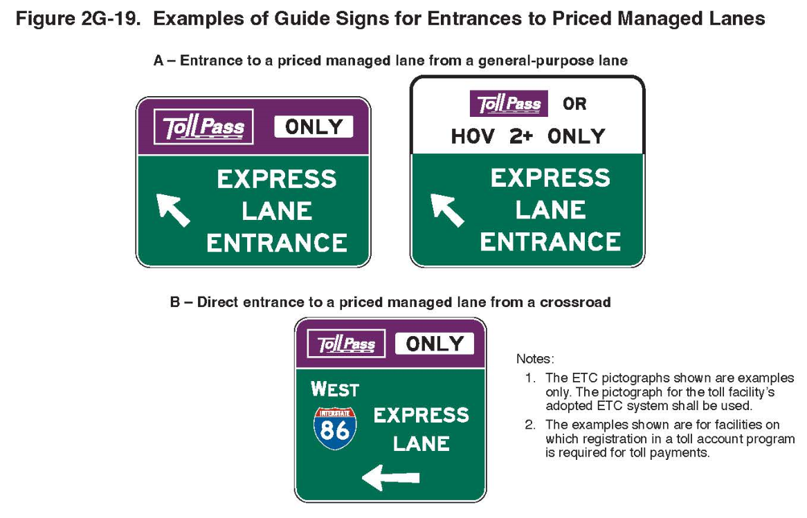 Figure 2G-19. Examples of Guide Signs for Entrances to Priced Managed Lanes