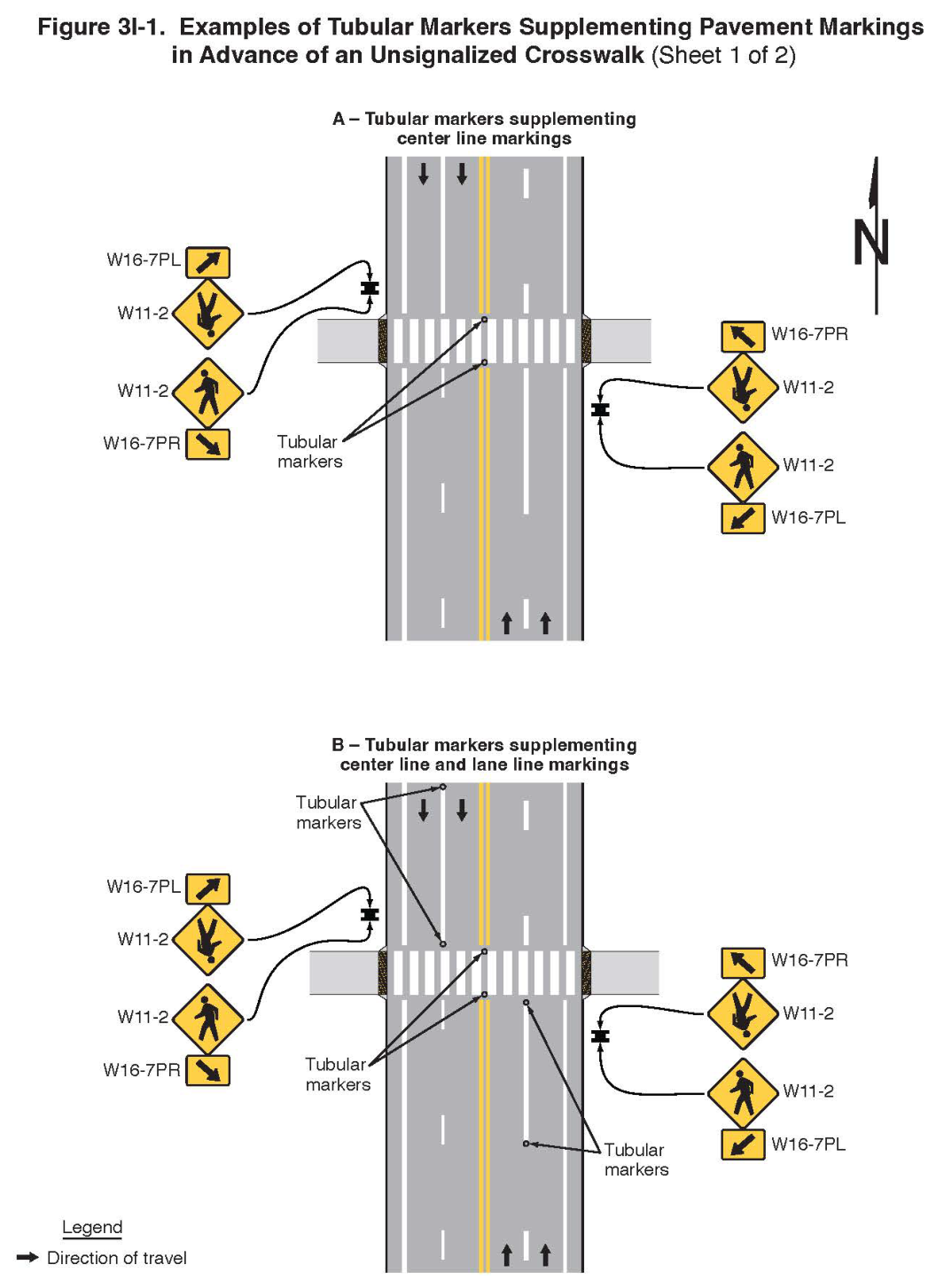 Figure 3I-1. Examples of Tubular Markers Supplementing Pavement Markings in Advance of an Unsignalized Crosswalk (Sheet 1 of 2)