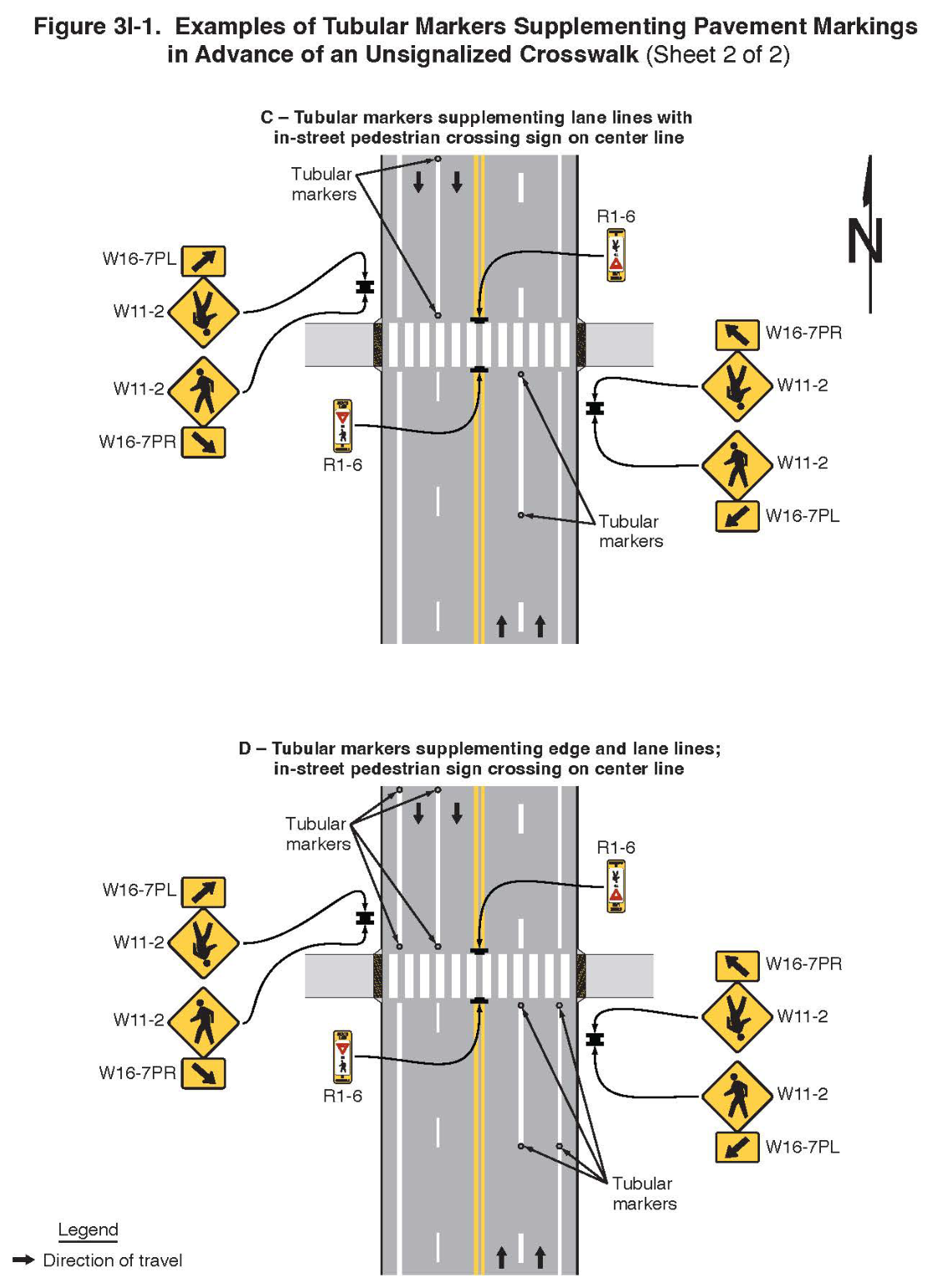 Figure 3I-1. Examples of Tubular Markers Supplementing Pavement Markings in Advance of an Unsignalized Crosswalk (Sheet 2 of 2)
