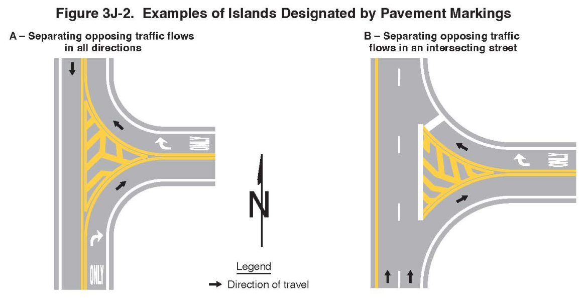 Figure 3J-2. Examples of Islands Designated by Pavement Markings