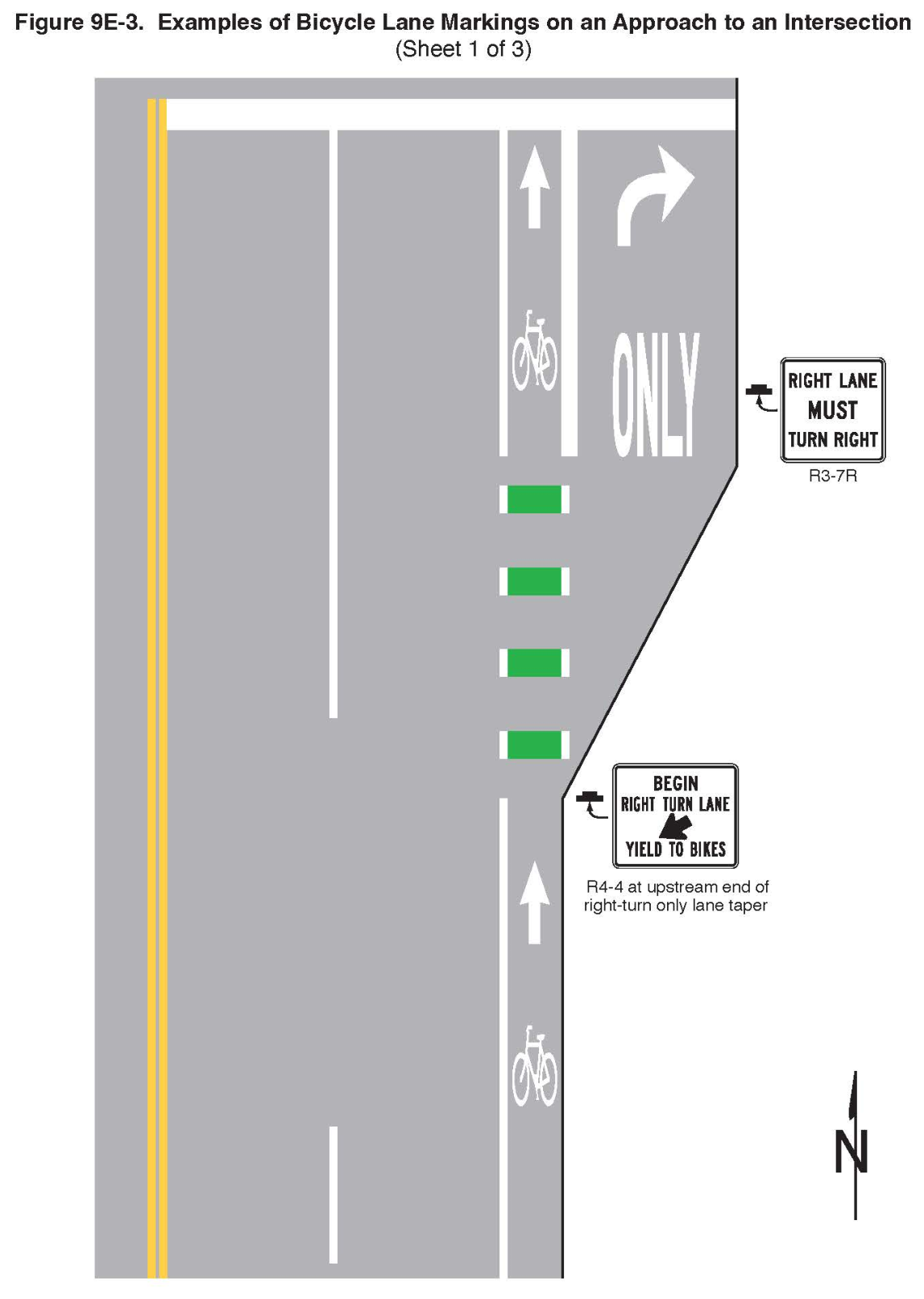 Figure 9E-3. Examples of Bicycle Lane Markings on an Approach to an Intersection (Sheet 1 of 3)