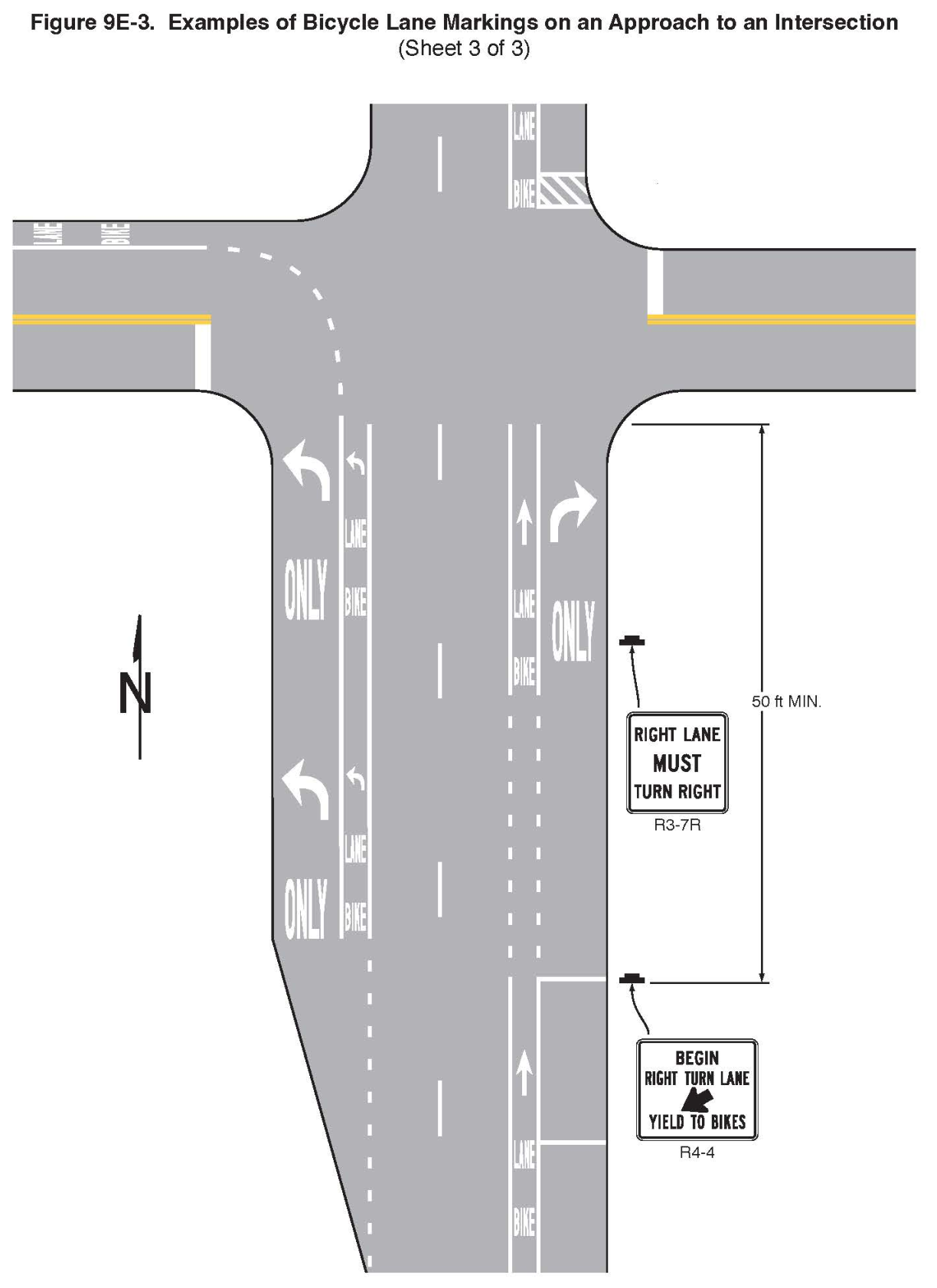 Figure 9E-3. Examples of Bicycle Lane Markings on an Approach to an Intersection (Sheet 3 of 3)